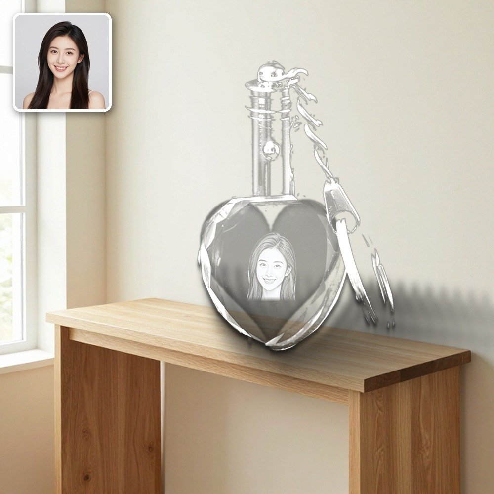Crystal heart keychain laser engraved with a woman portrait on an oak console