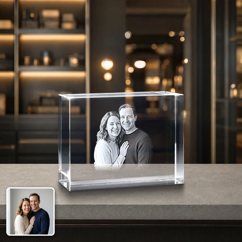 3D Brick - custom laser-engraved photo crystal with a couples portrait on a boutique counter, original photo shown in the corner