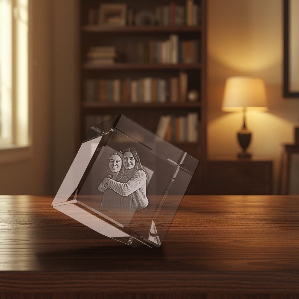 3D Diamond - custom laser-engraved photo crystal with a portrait of two sisters, on a desk in a warm home office