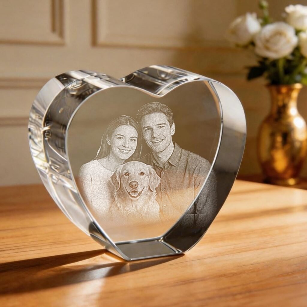 3D Heart - custom laser-engraved heart-shaped photo crystal with a portrait of a couple and their golden retriever, on a sunlit dining table